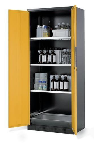 asecos Chemikalienschrank Systema CS-83, Korpus anthrazit, gelb, 3 Einlegeböden und Bodenwanne, 202591