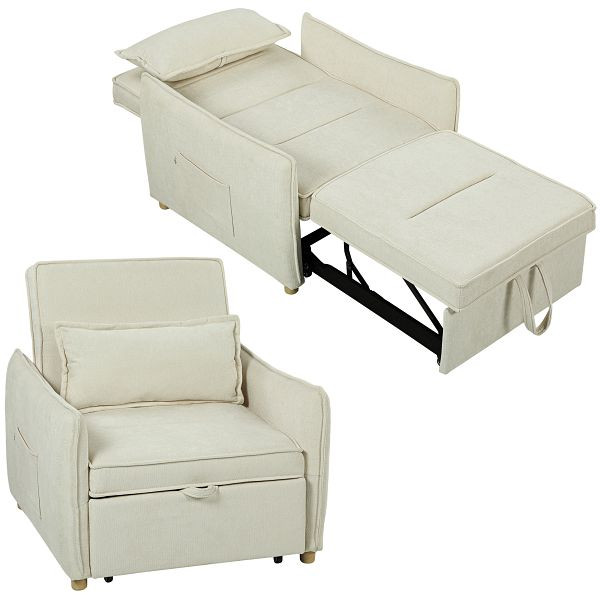 HOMCOM Schlafsessel 3 in 1 Umwandelbarer Sessel mit Bettfunktion, Lendenkissen, für Wohnzimmer Creme, 83B-647V00BG