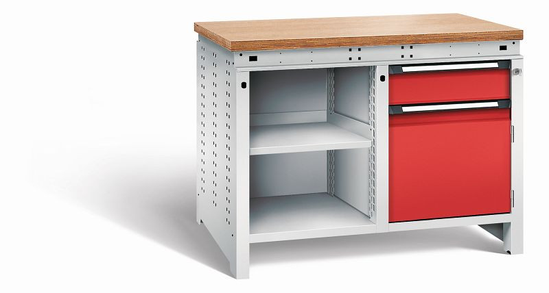 Otto Kind Werkbank Serie function Typ 211, Multiplexplatte 40 mm, bündig, 2x Unterbau, Gehäuse RAL 7035, Front RAL 3000, 072341134