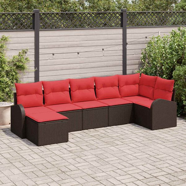 vidaXL Sofa Set mit Kissen 7-teilig Braun und Rot Poly-Rattan, 3354803