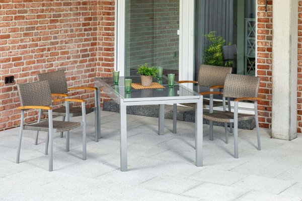 Merxx Silano Set 5-teilig, 4 Silano Stapelsessel, 1 Ausziehtisch 140 (200) x 90 cm, graue Tischplatte, silber/graubeige, FSC Akazienholz, 50385-258