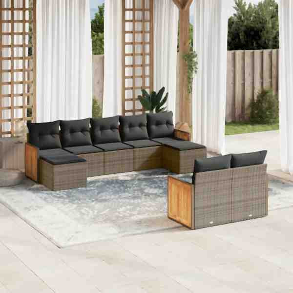 vidaXL 9-tlg. Garten-Sofagarnitur mit Kissen Grau Poly Rattan, UV-beständig, 3260485