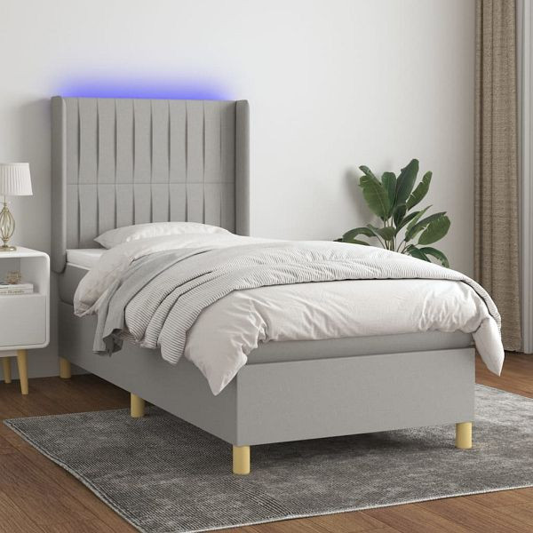 vidaXL Boxspringbett mit Matratze & LED Hellgrau 90x190 cm Stoff, 3138997