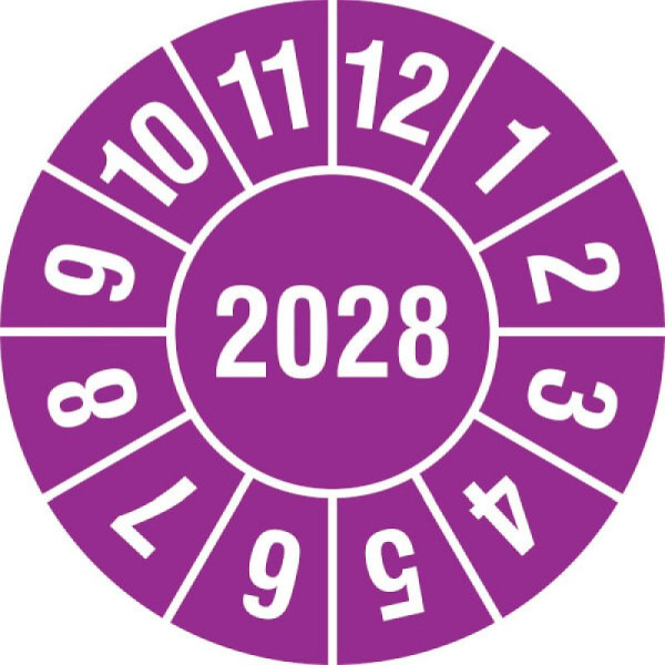 Stein HGS Prüfplaketten mit Jahresfarbe (1 Jahr), Ø 10 mm, violett, 2028, Jahreszahl 4-stell, 31.3664-28