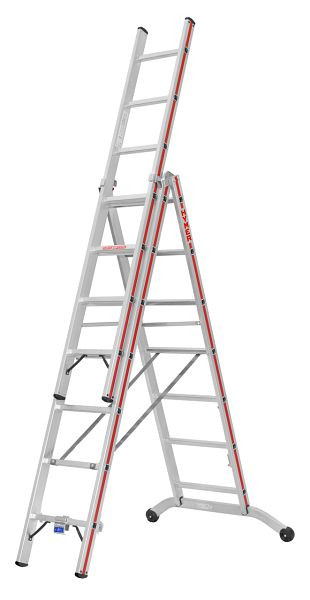 HYMER Mehrzweckleiter, dreiteilig, 3x7 Sprossen, Länge eingefahren 2,15 m / ausgefahren 4,95 m, 604721