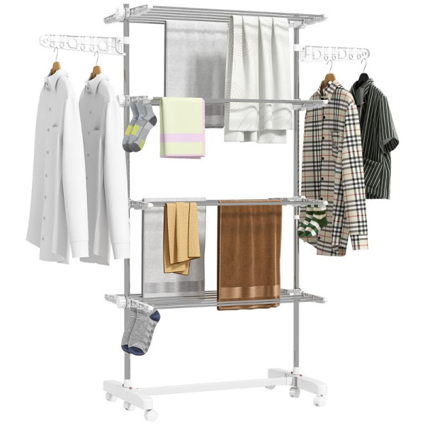 HOMCOM Mobiler Wäscheständer mit Rollen, 4 Ebenen, klappbar, Edelstahl, rostfrei, weiß+silber, 142 x 55 x 172 cm, 03-0063