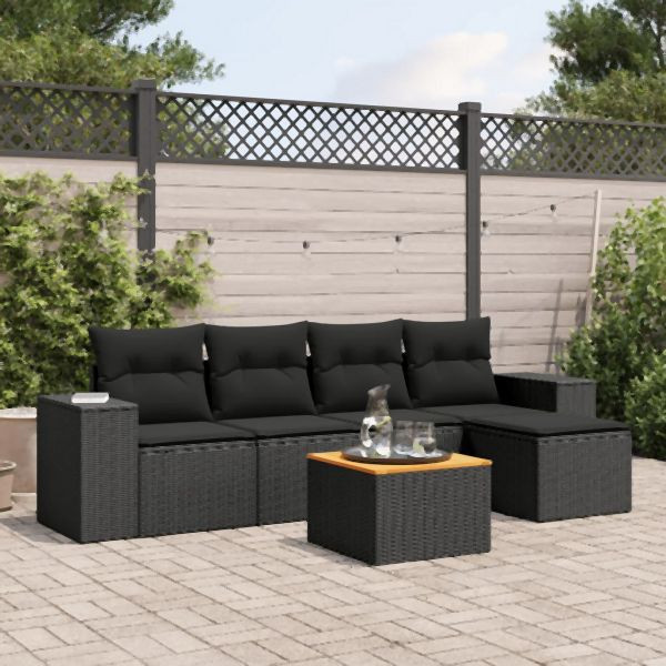 vidaXL 6-tlg. Garten-Sofagarnitur mit Kissen Schwarz Poly Rattan, 3225418