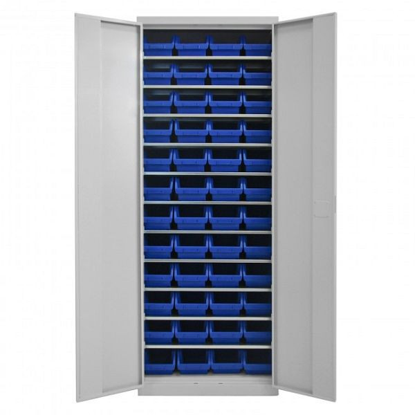 ADB Flügeltürenschrank mit 48 Sichtlagerkästen und Fachböden, Maß BxLxH: 170x240x126 mm, Farbe: Blau, 40825