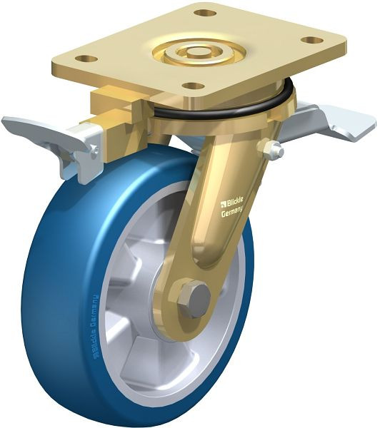 Blickle LS-ALBS 160K-ST-RI4 Stahlgeschweißte Schwerlast-Lenkrolle, schwere Drehkranz-Ausführung mit Feststeller, Blickle Besthane® Soft, Blau, 852464