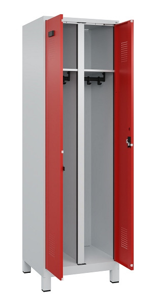 C+P Schwarz-Weiß-Spind Evolo PLUS, mit Füßen, 2 Abteile, 1950x600x500mm, 7035/3, Frontfarbe RAL 3020 Verkehrsrot, Zylinderschloss, 049012-20 S10032
