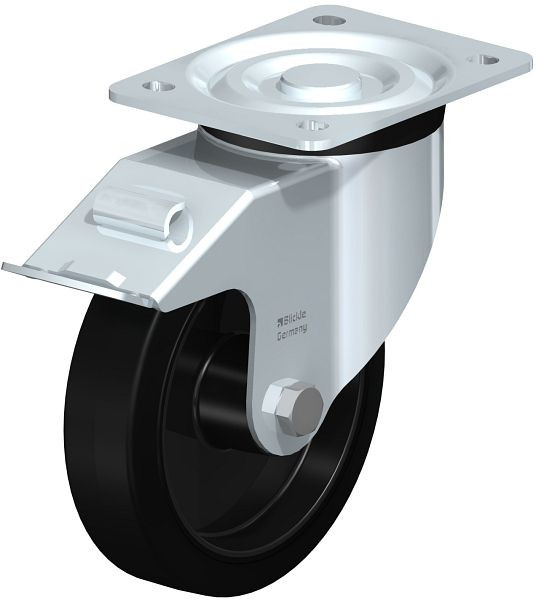 Blickle L-POEV 161R-FI Stahlblech-Lenkrolle, mittelschwere Ausführung, mit Anschraubplatte & Feststeller, Elastik-Vollgummi, Schwarz, 754965