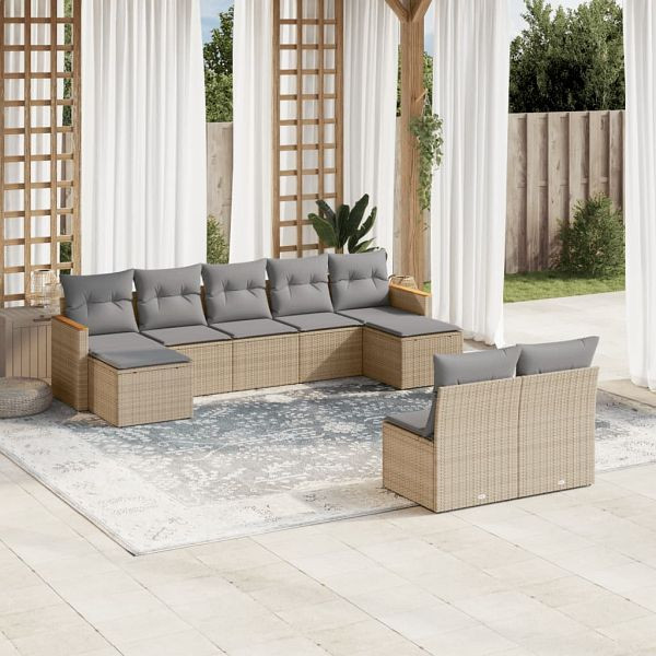 vidaXL 9-teilig Garten-Sofagarnitur mit Kissen Beige Poly Rattan, 3258776