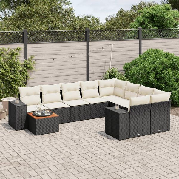 vidaXL 10-tlg. Garten-Sofagarnitur mit Kissen Schwarz Poly Rattan, 3225608