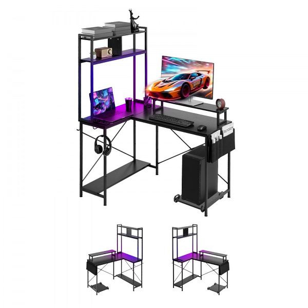 VEVOR L-förmiger Gaming Tisch 1,2 m, Eck-Computertisch mit Monitorständer, Steckdosen, CPU-Ständer & Ablage, 68 kg Tragfähigkeit, GDZJZTKJSJDC1FV2D001V2