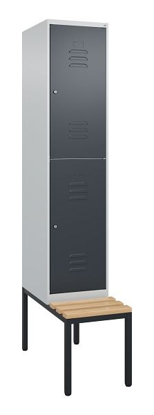 C+P Doppelstöckiger Spind Classic PLUS, 2120x400x815mm, 7035/7016, Zylinderschlösser, Sitzleisten aus Buche, mit untergebauter Sitzbank, 0803507-12 S10098