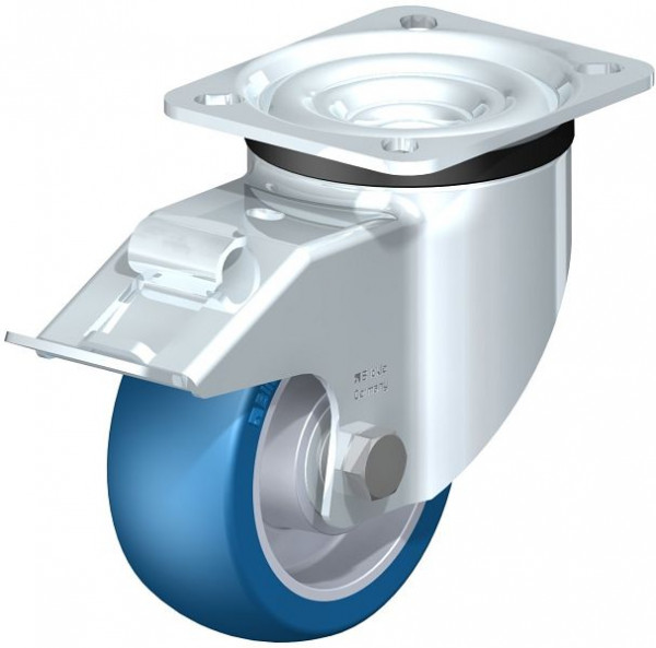 Blickle LK-ALBS 100K-1-FI Stahlblech-Lenkrolle, schwere Ausführung, mit Anschraubplatte & Feststeller, Blickle Besthane® Soft, Blau, 741970