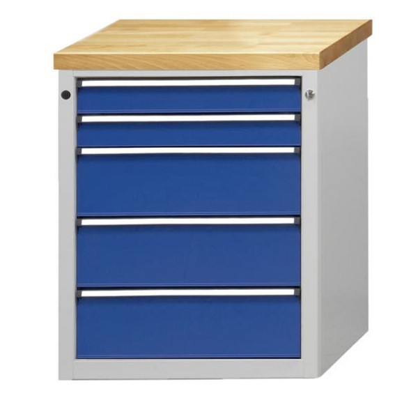 ANKE Werkbänke Beistellschrank; 665 x 650 x 890 mm; RAL 7035/5010; Buche-Massiv-Platte 40 mm; 5 Schubladen 90, 90, 180, 180, 180 mm, 600.022