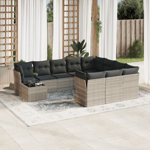 vidaXL 11-tlg. Garten-Sofagarnitur mit Kissen Hellgrau Poly Rattan, 3218262