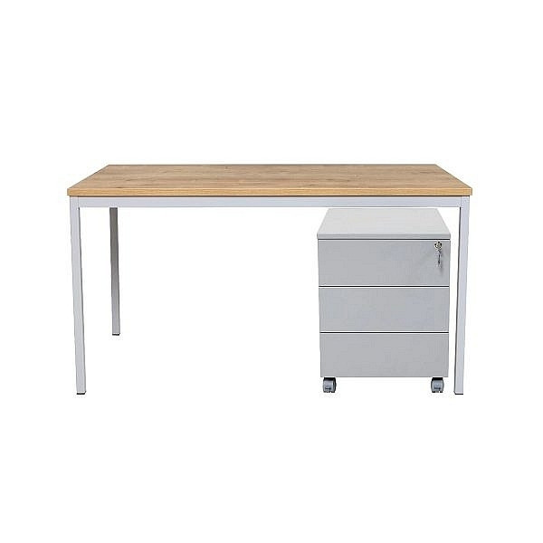 Mades Schreibtisch und Stahl Rollcontainer, 3 Schübe, Saphir Eiche, 140x80x75 cm, MAK10786443