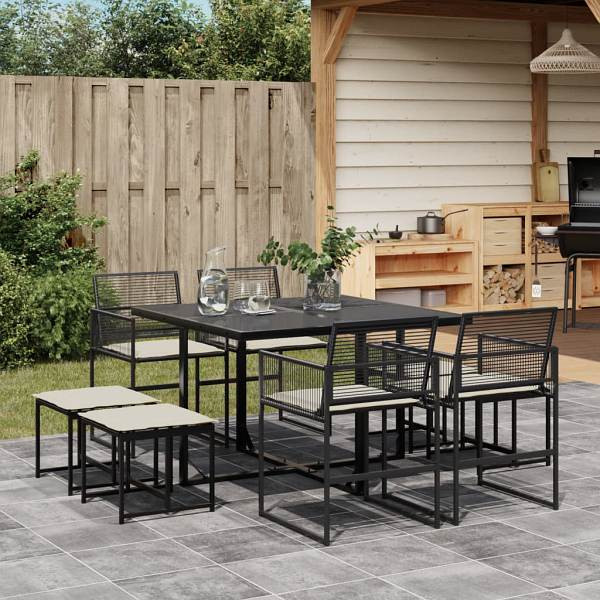 vidaXL 9-tlg. Garten-Essgruppe mit Kissen Schwarz Poly Rattan, UV-beständig, 3295028