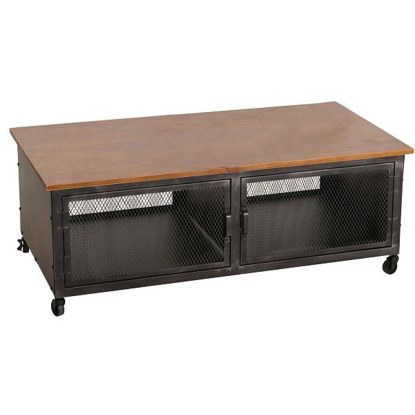 Mendler Couchtisch HWC-N28, Sofatisch, Rollen 2 Fächer, 3D-Struktur Industrial Retro Metall Holz 45x120x60cm, schwarz, braun, 106030