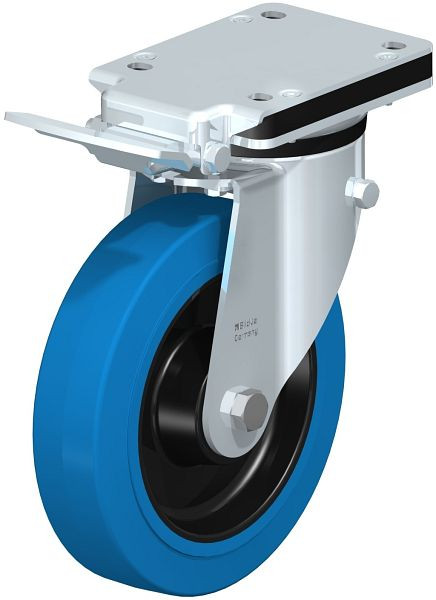 Blickle LK-POEV 200K-IS-SB Stahlblech-Lenkrolle, mittelschwere Ausführung, mit Anschraubplatte & Feststeller, Elastik-Vollgummi, Blau, 750386