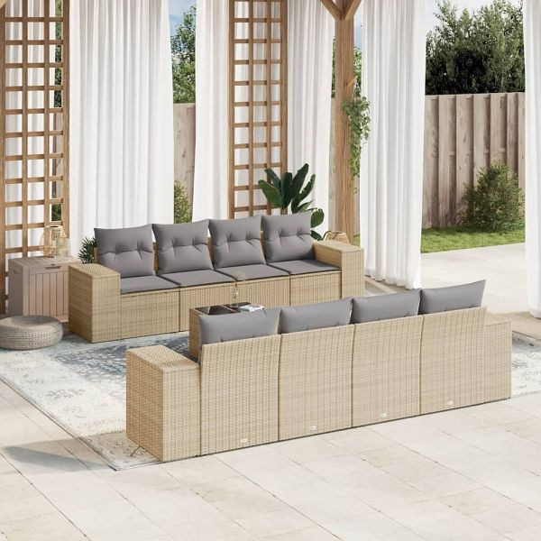 vidaXL 9-teilig Garten-Sofagarnitur mit Kissen Beige Poly Rattan, 3222348