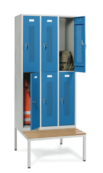 Deskin Doppelstöckiger Spind mit Sitzbank, Lichtblau RAL 5012, 870 x 800 x 2050 mm, 6 Abteile, Korpus: Lichtgrau RAL 7035, 331512