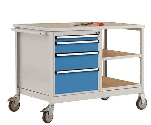 Manuflex Mobile Werkbank Modell 1 mit geölter Multiplex-Abdeckplatte 30 mm BxTxH 1135 x 590 x 810 mm, lichtblau, MW2001.5012