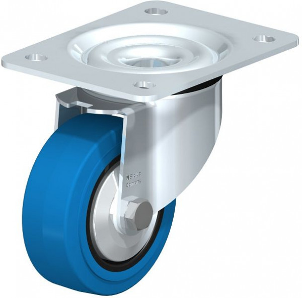 Blickle LK-POEV 100XR-3-SB-FA Stahlblech-Lenkrolle, schwere Ausführung, mit Anschraubplatte, Elastik-Vollgummi, Blau, 851004