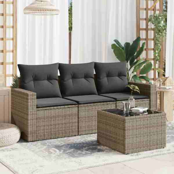 vidaXL 4-tlg. Garten-Sofagarnitur mit Kissen Grau Poly Rattan, UV-beständig, 3218660