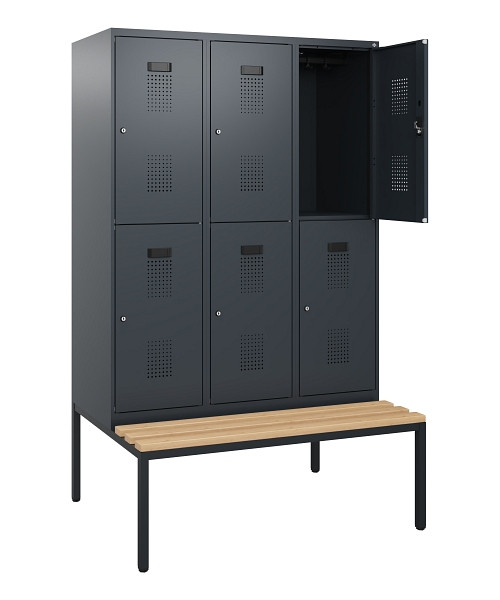 C+P Doppelstöckiger Spind Evolo PLUS, Bank, 6 Fächer, 1950x1200x815mm, 7016/7016, Zylinderschloss, Sitzfläche Buche-Hartholz, Sitzbank, 0493505-32 S10043