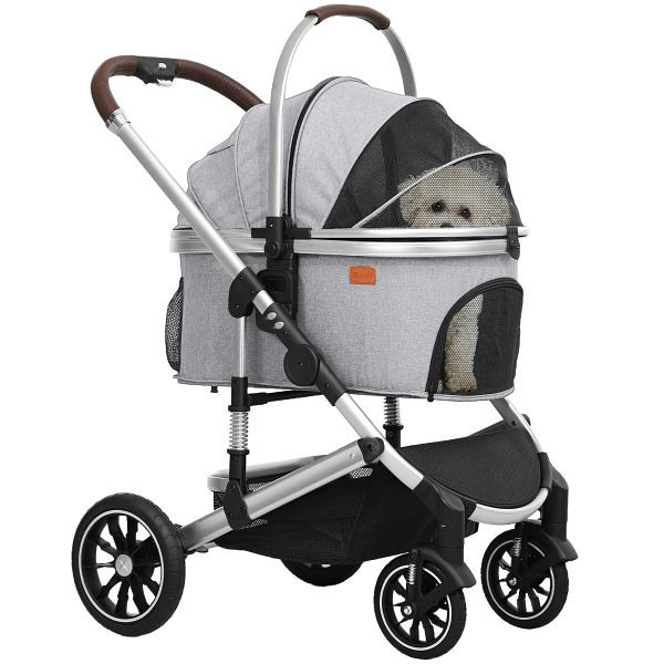 PawHut Hundewagen 3 in 1 Hundebuggy klappbar für Katzen bis 10 kg Katzenbuggy mit Kissen Becherhalter Hellgrau, D00-209V00LG