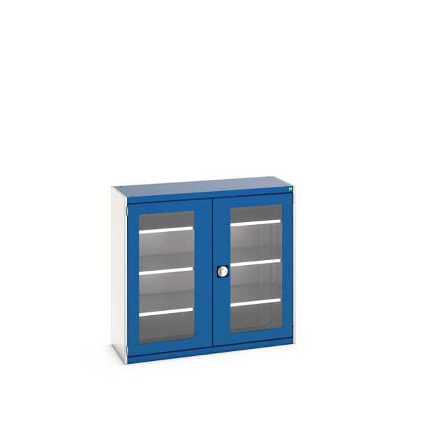 bott cubio Sichtfensterschrank bestückt, mit 3 Fachböden, BxTxH: 1300x525x1200mm, Enzianblau, 40014056.11V