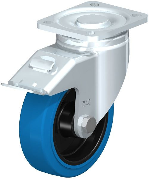 Blickle LH-POEV 125R-1-FI-SB Stahlblech-Lenkrolle, Schwerlast-Ausführung, mit Anschraubplatte & Feststeller, Elastik-Vollgummi, Blau, 747017