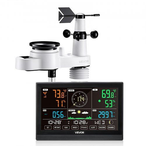 VEVOR 5-in-1 Wetterstation, 7,5" Display, solarbetriebener Außensensor, Regenmesser, Temperatur, Luftfeuchte, Windrichtung, TYNQXZWX75AACKCYU001V2