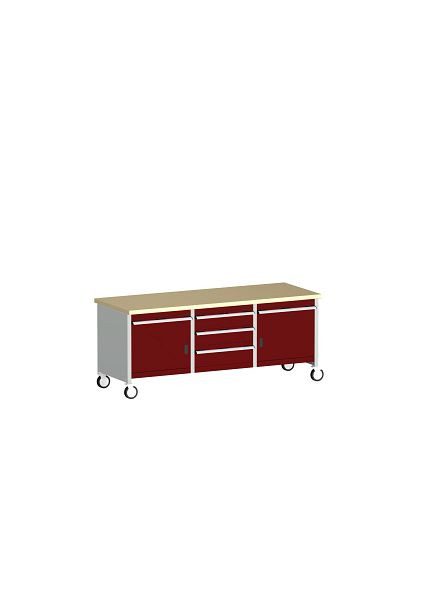 bott cubio Kastenwerkbank mobil 5 Schubladen 2 Türen, Rotbuche-Arbeitsplatte BxTxH: 2000 x 750 x 840 mm, RAL 7035/3004, 41002134.24V