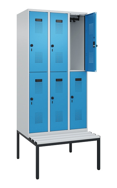 C+P Doppelstock-Spind Evolo PLUS, Bank, 6 Fächer, 2120x900x815mm, 7035/5012, Drehriegel, Sitzfläche Kunststoff, Sitzbank, 0493507-30 S10088