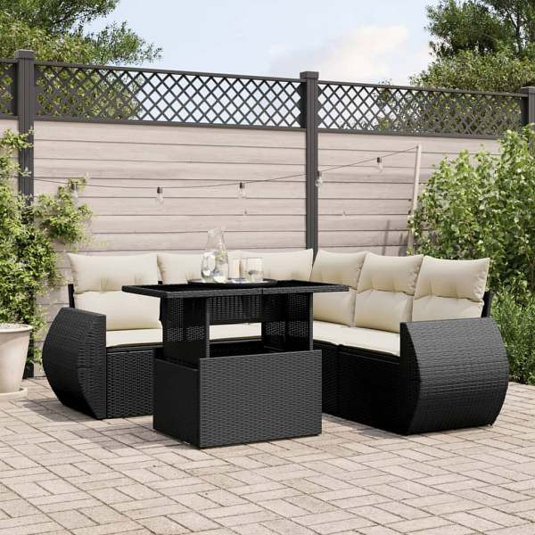 vidaXL 6-tlg. Garten-Sofagarnitur mit Kissen Schwarz Poly Rattan, UV-beständig, 3268526