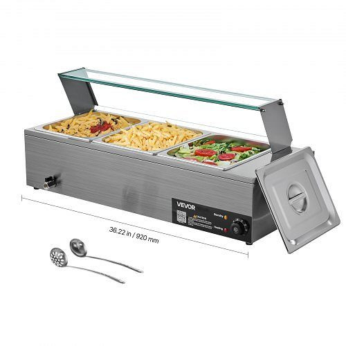 VEVOR Speisenwärmer 3 x 1/2 Behälter, 1,5 kW Edelstahl mit Glasabdeckung & Suppenkelle, Chafing Dishes für Catering, SYSPBWQ312FSFY1YS002V2