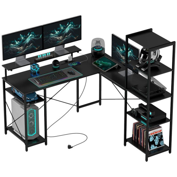 HOMCOM L-förmiger Schreibtisch mit Ladestation, Eck-Computertisch mit Monitorständer und Regalen, 836-591V90BK