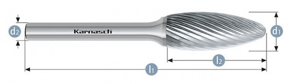 Karnasch Hartmetall-Frässtift unbeschichtet Flamme/ HP-2 d1=10 / l2=20 / d2=6 / l1=65mm, VE: 2 Stück, 113070020