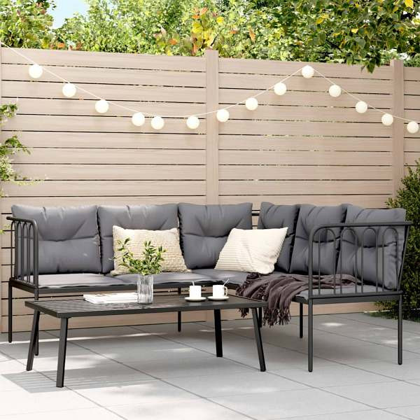vidaXL Garten-Sofagarnitur mit Kissen Schwarz Stahl und Textilene, UV-beständig, 3283746