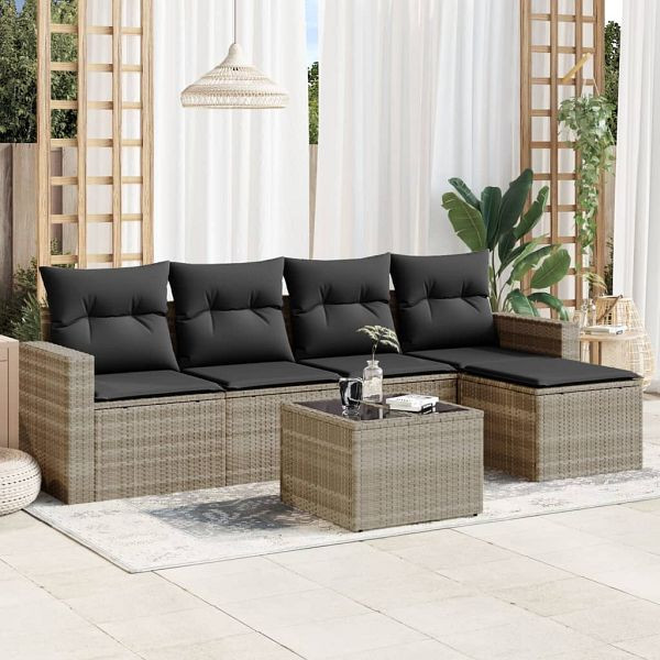 vidaXL 6-tlg. Garten-Sofagarnitur mit Kissen Hellgrau Poly Rattan, 3218892
