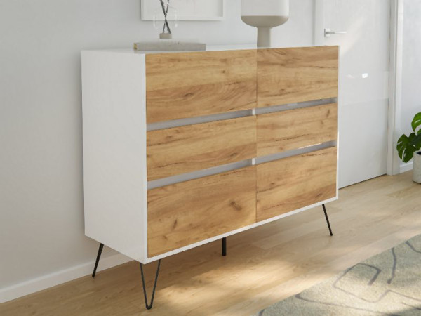 Posseik Sideboard Industrial M 120cm 6 Schubladen Weiß/Eiche Front, PN2090X0000034DE
