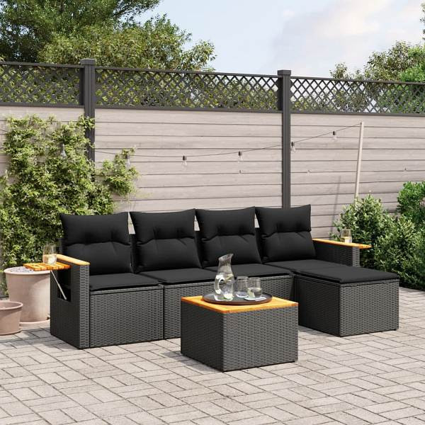 vidaXL 6-tlg. Garten-Sofagarnitur mit Kissen Schwarz Poly Rattan, UV-beständig, 3226762