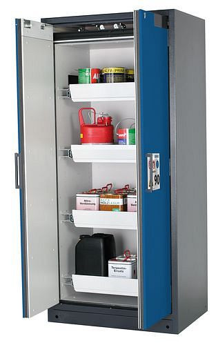 asecos Feuerbeständiger Gefahrstoffschrank Select W-94, 4 Auszugswannen, Türen blau, 201015