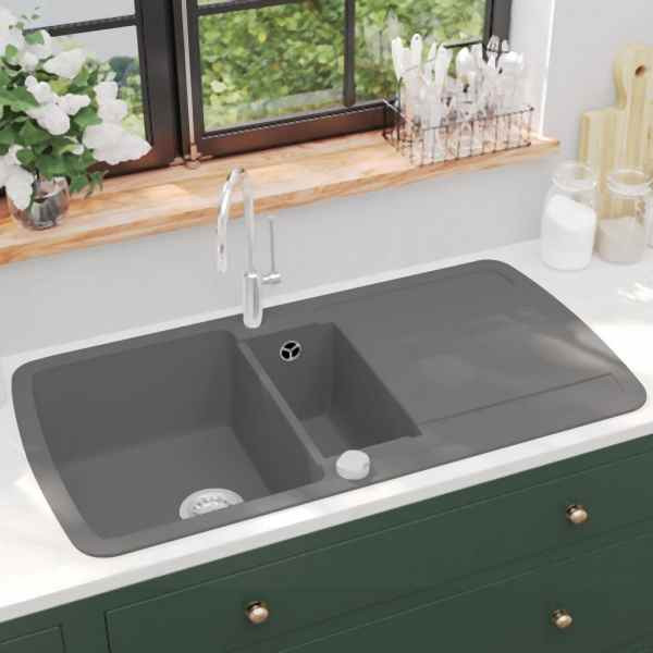 vidaXL Granitspüle Doppelbecken Grau, 142947, 8718475601029