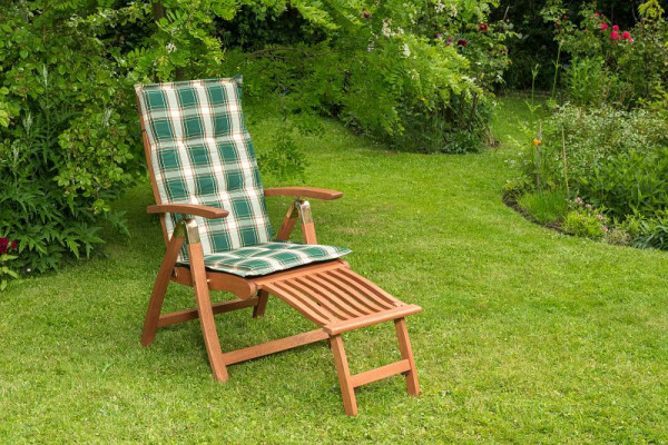 Merxx Comodoro Klappsessel Set 2-teilig, 5-fach verstellbar, mit Fußteil, inkl. Wendekissen grün kariert/uni, FSC Eukalyptusholz, 50000-100