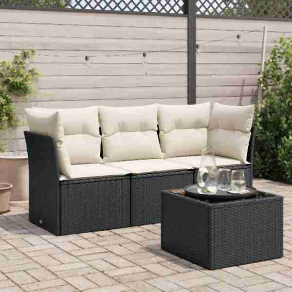 vidaXL 4-tlg. Garten-Sofagarnitur mit Kissen Schwarz Poly Rattan, UV-beständig, 3217216